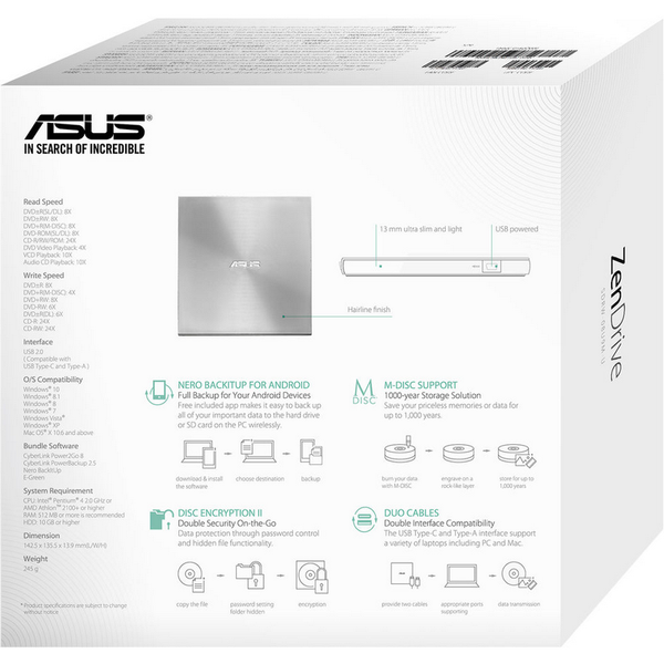 External Slim DVD-RW Drive ASUS ZenDrive U9M "SDRW-08U9M-U", Silver, (USB2.0), 13.9mm Ultraslim, USB Type C/A cables, Retail 269802 Imagini
