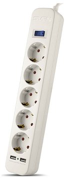 Surge Protector 5 Sockets, 1.8m, Sven SF-05LU, 2 USB ports charging (2.4A), White 113687 фото