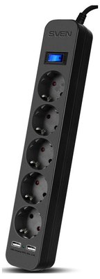 Surge Protector 5 Sockets, 5.0m, Sven SF-05LU, 2 USB ports charging (2.4A), Black 113689 фото