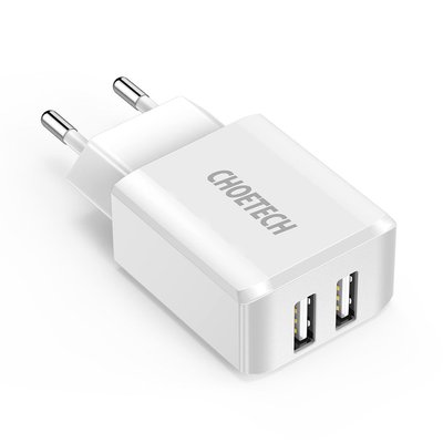 Wall Charger CHOETECH, 2*USB-A Ports, White 148651 фото