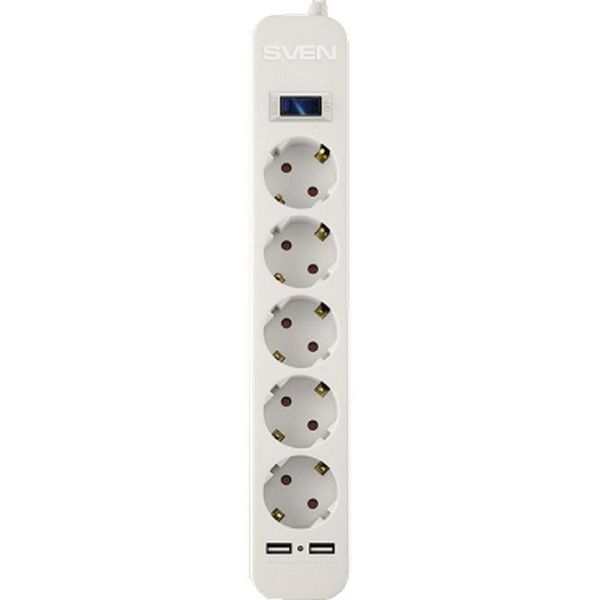 Surge Protector 5 Sockets, 1.8m, Sven SF-05LU, 2 USB ports charging (2.4A), White 113687 фото