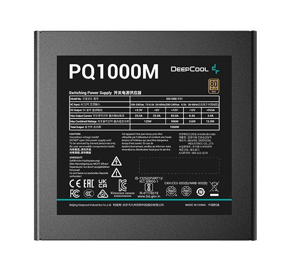 Power Supply ATX 1000W Deepcool PQ1000M, 80+ Gold,Active PFC,Full Bridge,LLC+SRC+DC/DC, Full Modular 138152 фото