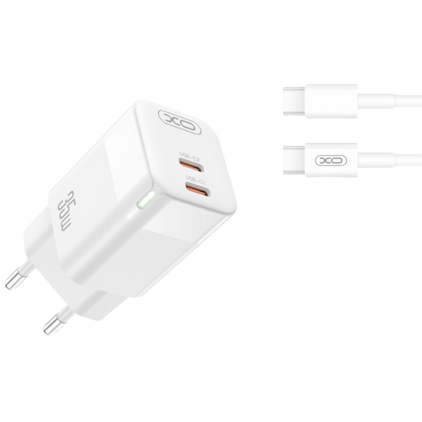Wall Charger XO + Type C cable, GaN 2Type-C PD35W, CE07, White 206942 фото