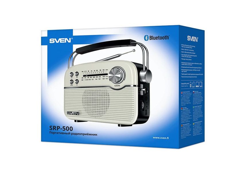 Speakers SVEN Tuner "SRP-500" White 3W, Bluetooth, FM/AM/SW, USB, microSD, AUX, battery 145755 фото