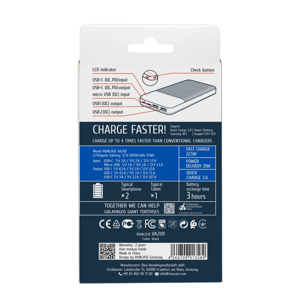 Портативное зарядное устройство Rivacase 10000 mAh QC 3.0/PD 22.5W, VA2101, Black 226699 фото