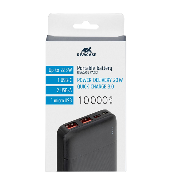 Портативное зарядное устройство Rivacase 10000 mAh QC 3.0/PD 22.5W, VA2101, Black 226699 фото