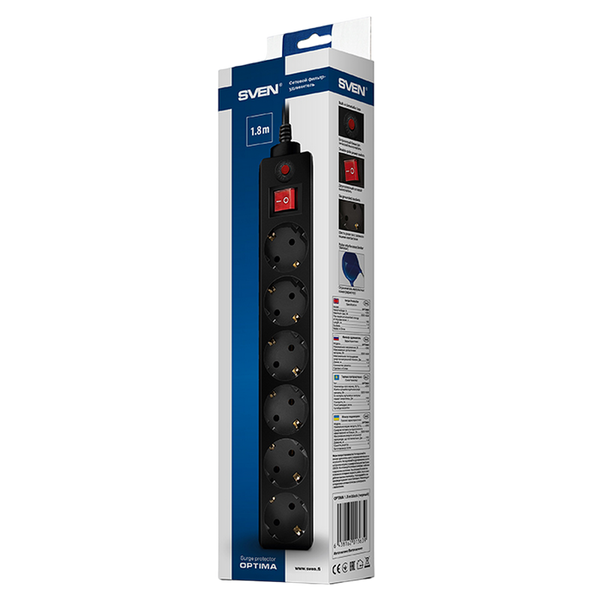 Surge Protector 6 Sockets, 5.0m, Sven Optima, BLACK, Retail color box, flame-retardant 78488 фото