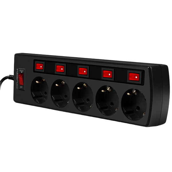 Surge Protector 5 Sockets, 1.8m, Sven "SF-05PL", BLACK, individual switches, flame-retardant 84196 фото