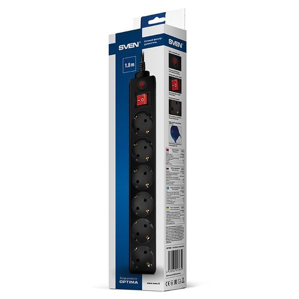 Surge Protector 6 Sockets, 5.0m, Sven Optima, BLACK, Retail color box, flame-retardant 78488 фото
