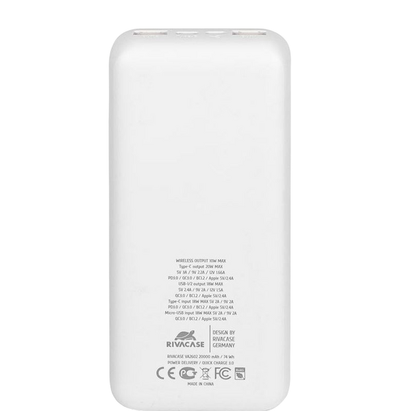 Портативное зарядное устройство Беспроводная зарядка Rivacase VA2602, 20000 мА·ч, Белый 205519 фото