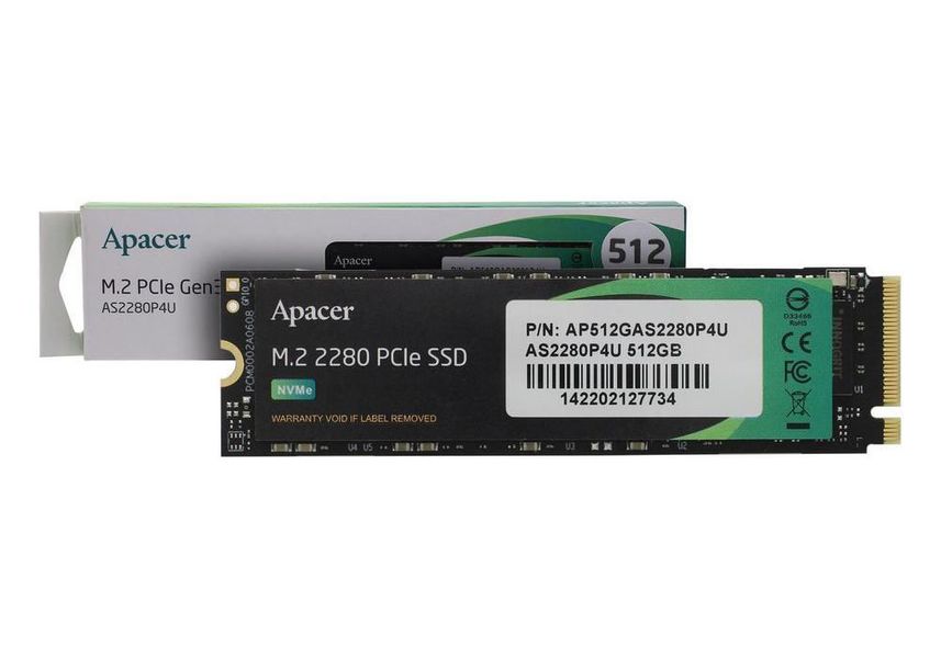 .M.2 NVMe SSD 512GB Apacer AS2280P4U [PCIe 3.0 x4, R/W:3500/2300MB/s, 400/600K IOPS, 350TB,3DTLC] 201187 фото