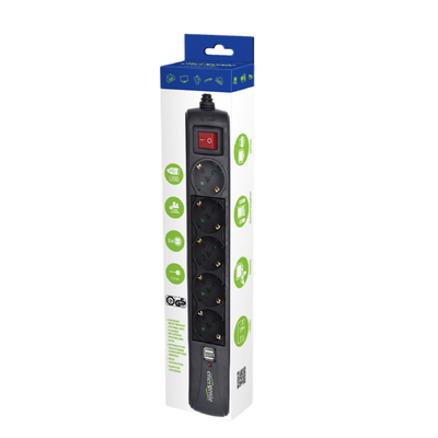Surge Protector Gembird with USB charger, 5 sockets, 1.5 m, USB 2A, black 207973 фото