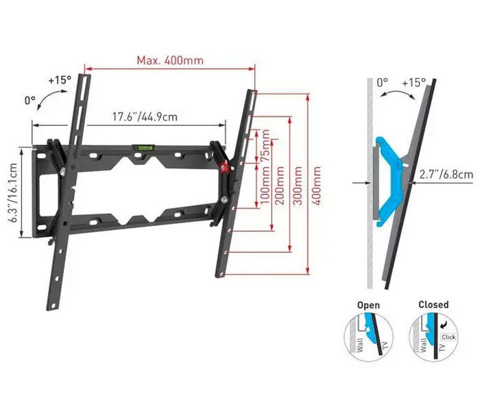 Wall Mount Barkan ''CM310+'' Black 19"-65" Tilt, max.50kg, VESA mm: up to 400x400mm+set+cable 106378 фото