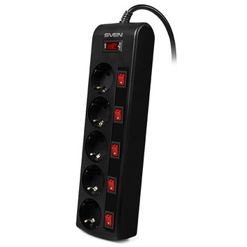 Surge Protector 5 Sockets, 1.8m, Sven "SF-05PL", BLACK, individual switches, flame-retardant 84196 фото