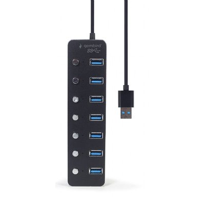 USB 3.0 Hub 7-port with switches, Cable 24 cm, Gembird "UHB-U3P7P-01", Black 203025 фото