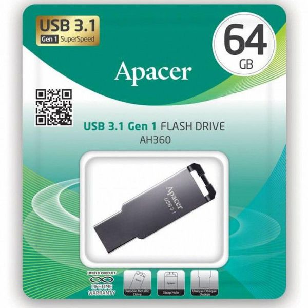 64GB USB3.1 Flash Drive Apacer "AH360", Black Nickel, Slim Metallic, Capless (AP64GAH360A-1) 89411 фото