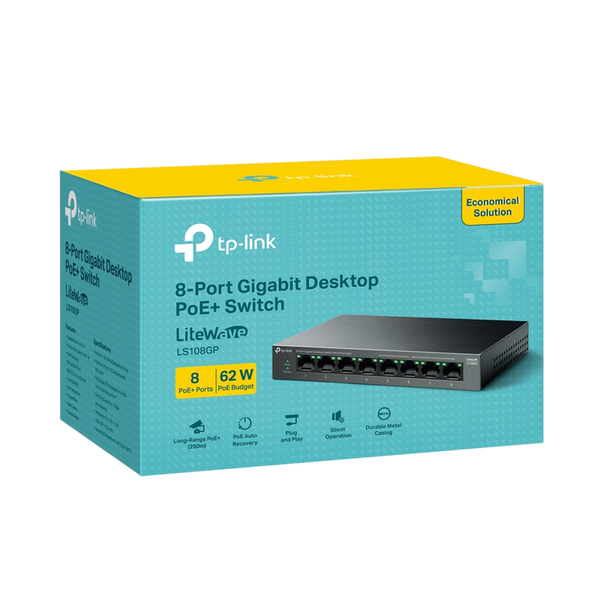 .8-port 10/100/1000Mbps POE, TP-LINK "LS108GP", with 8-Port PoE, 62W Budget, Auto Recovery, Metal 224397 фото