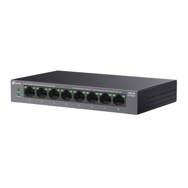 .8-port 10/100/1000Mbps POE, TP-LINK "LS108GP", with 8-Port PoE, 62W Budget, Auto Recovery, Metal 224397 фото