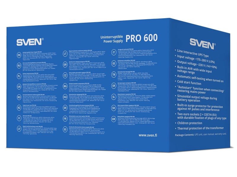 UPS SVEN Pro 600, 600VA/360W, Line Interactive, AVR, LED, 2xShuko Sockets 79819 фото