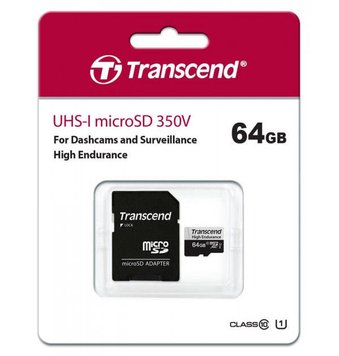 .64GB MicroSD (Class 10) UHS-I (U1),+SD adapter, Transcend "TS64GUSD350V" (R/W:95/45MB/s, Endurance) 115078 фото