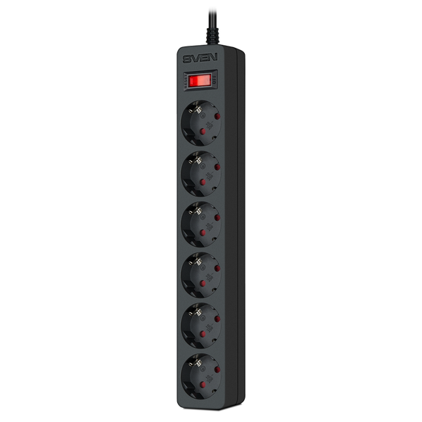 Surge Protector 6 Sockets, 3.0m, Sven "SF-06E", Black, flame-retardant material 216627 фото