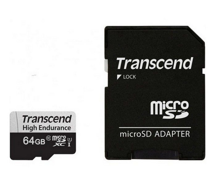 .64GB MicroSD (Class 10) UHS-I (U1),+SD adapter, Transcend "TS64GUSD350V" (R/W:95/45MB/s, Endurance) 115078 фото